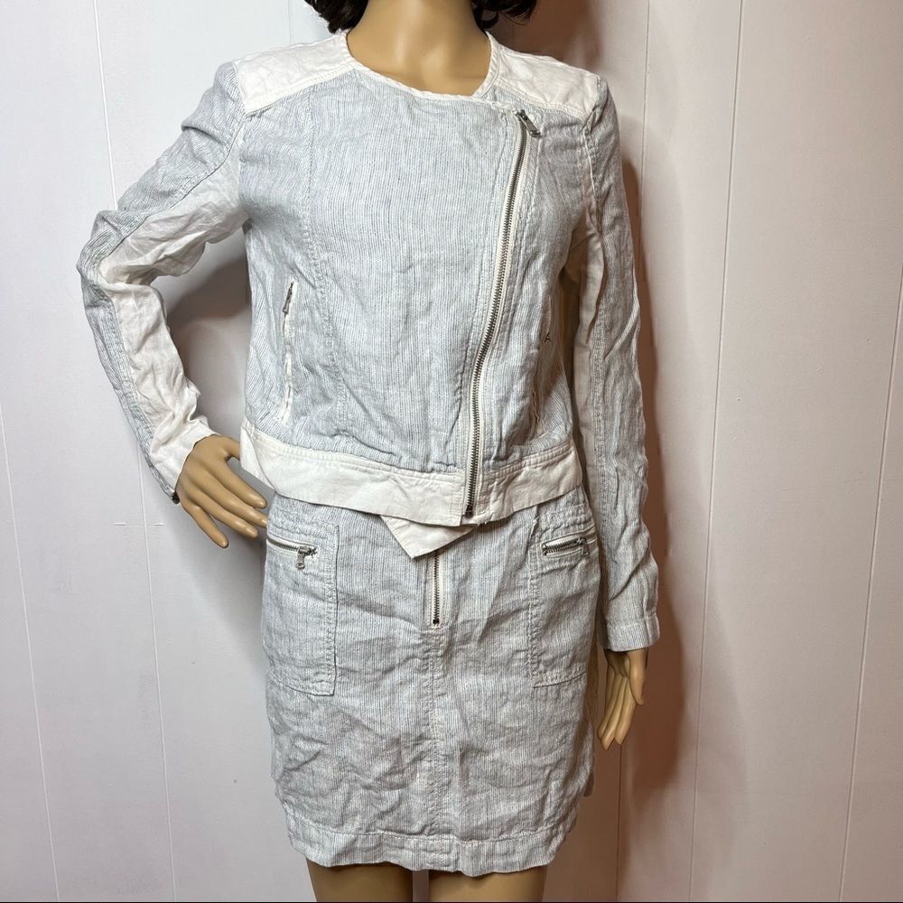 LOFT Lou and Grey Gray White Microstripe Linen Moto Jacket Skirt Set Size Small